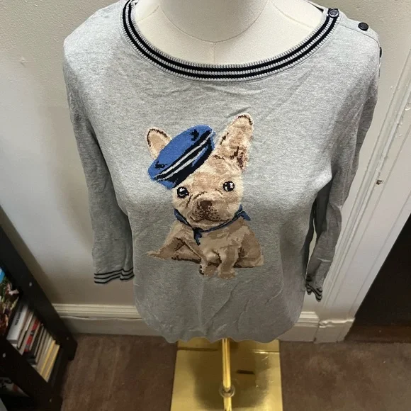 Talbots Nautical Lightweight Frenchie Dog Sweater Spring Crewneck - Size M - Picture 2 of 7